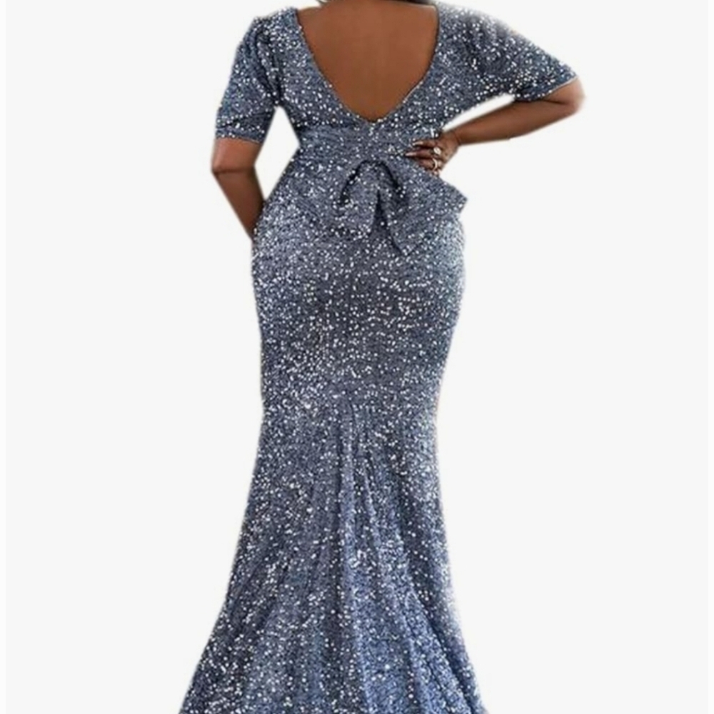 Dusty Blue, Puff Sleeve,  Big Bow, Contrast Sequined and Mesh Mermaid Gown - Picture 5 of 14